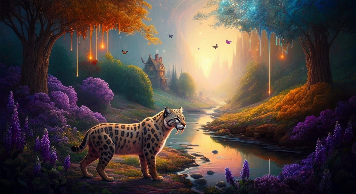 Majestic Saber Tooth Cat in a Dreamy, Ethereal Landscape