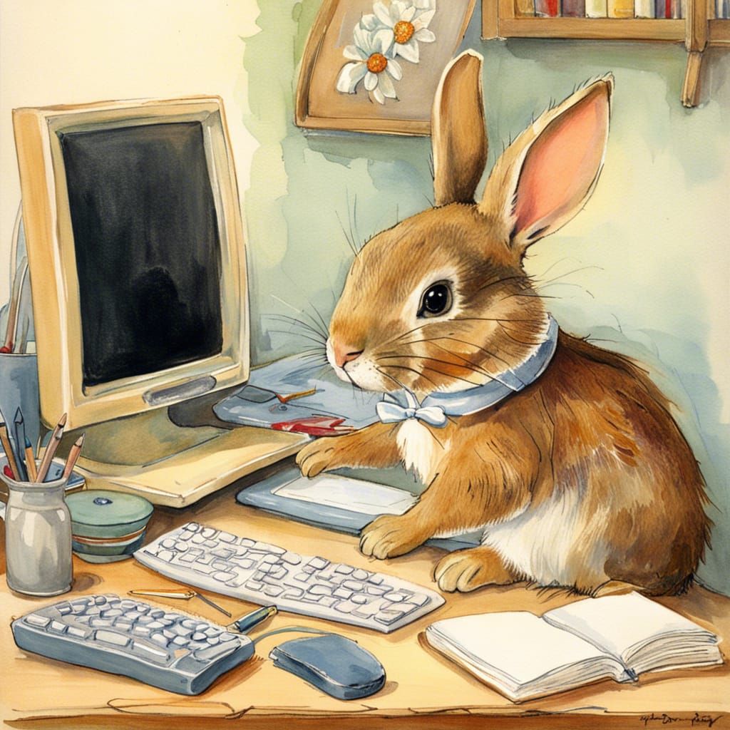 Whimsical Bunny at Computer, Storybook Illustration