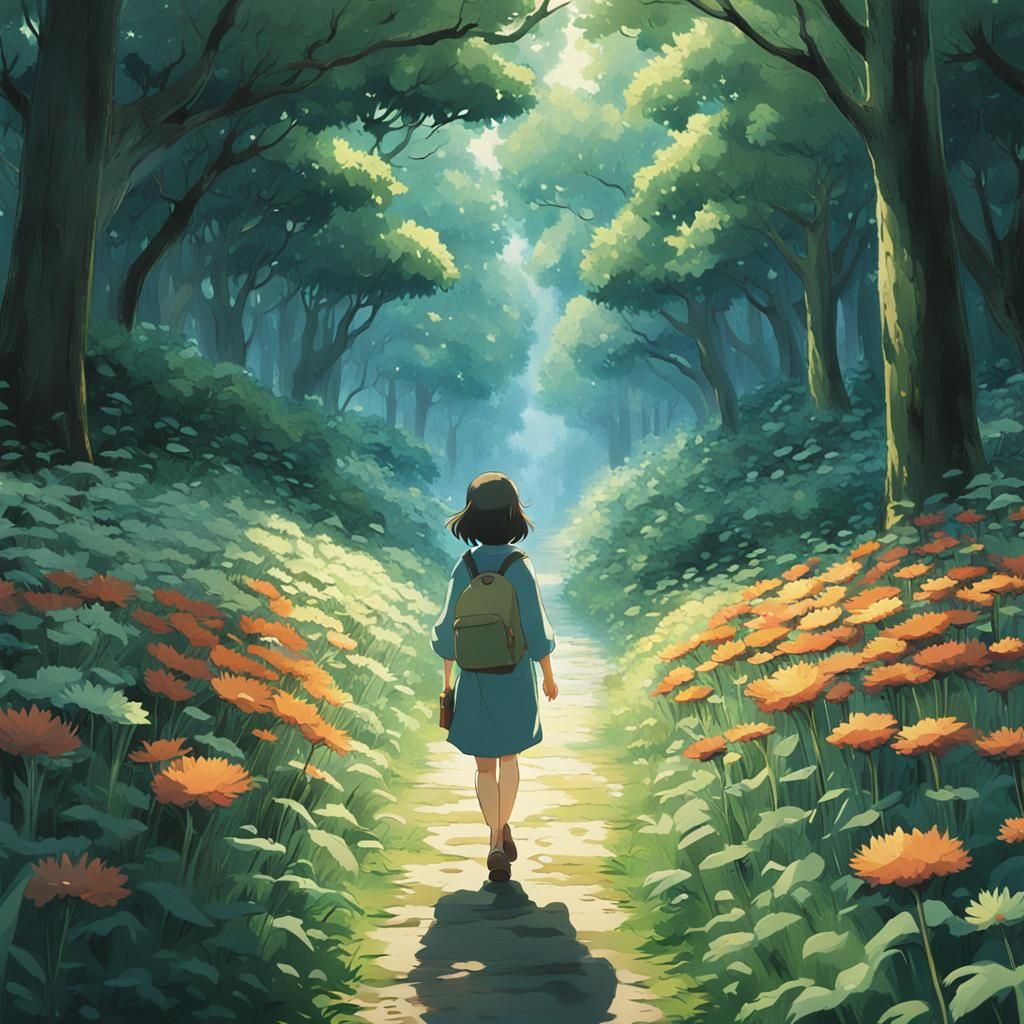 Woman Walking in Forest: Studio Ghibli Anime