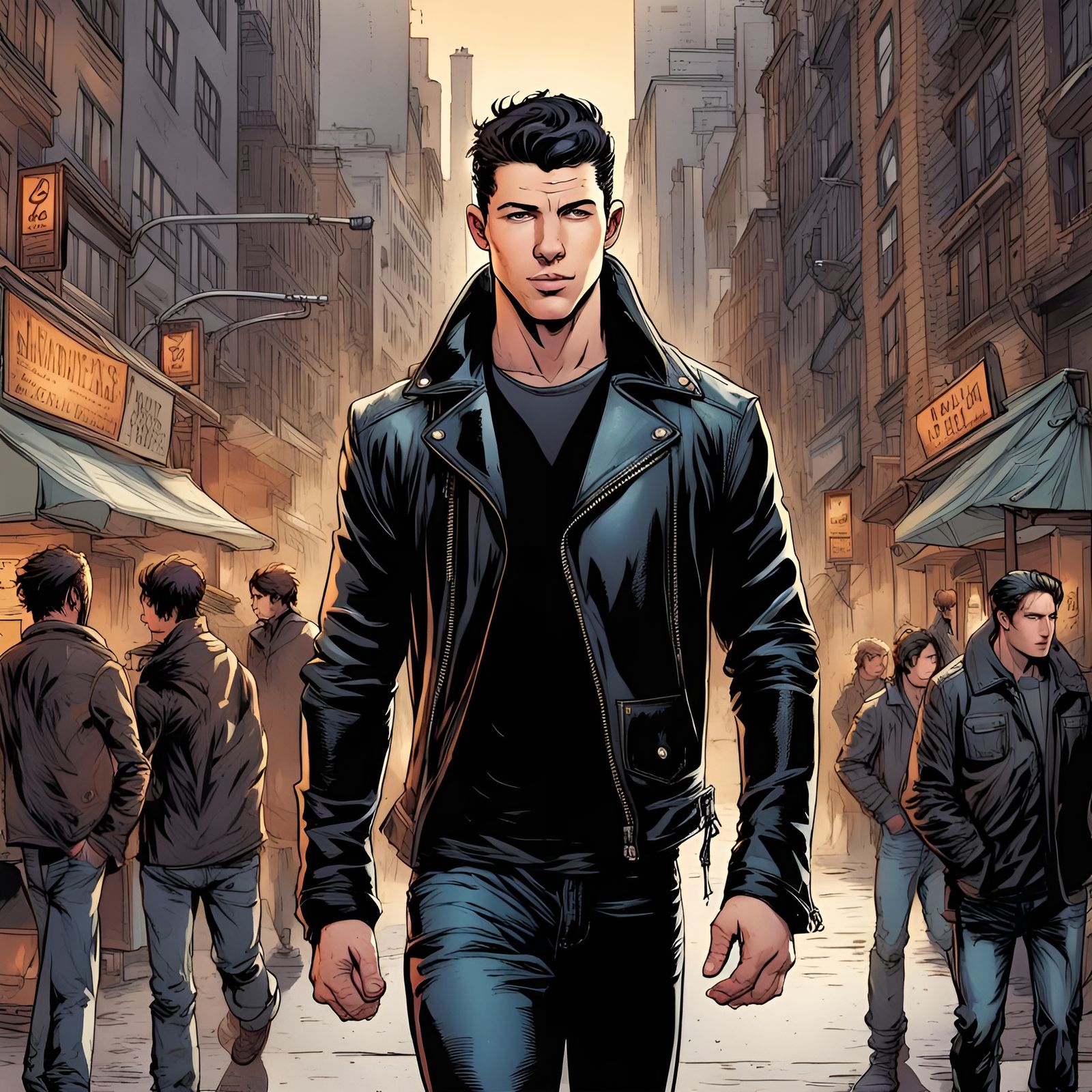 Handsome Man in Leather Jacket, Comic Book Art