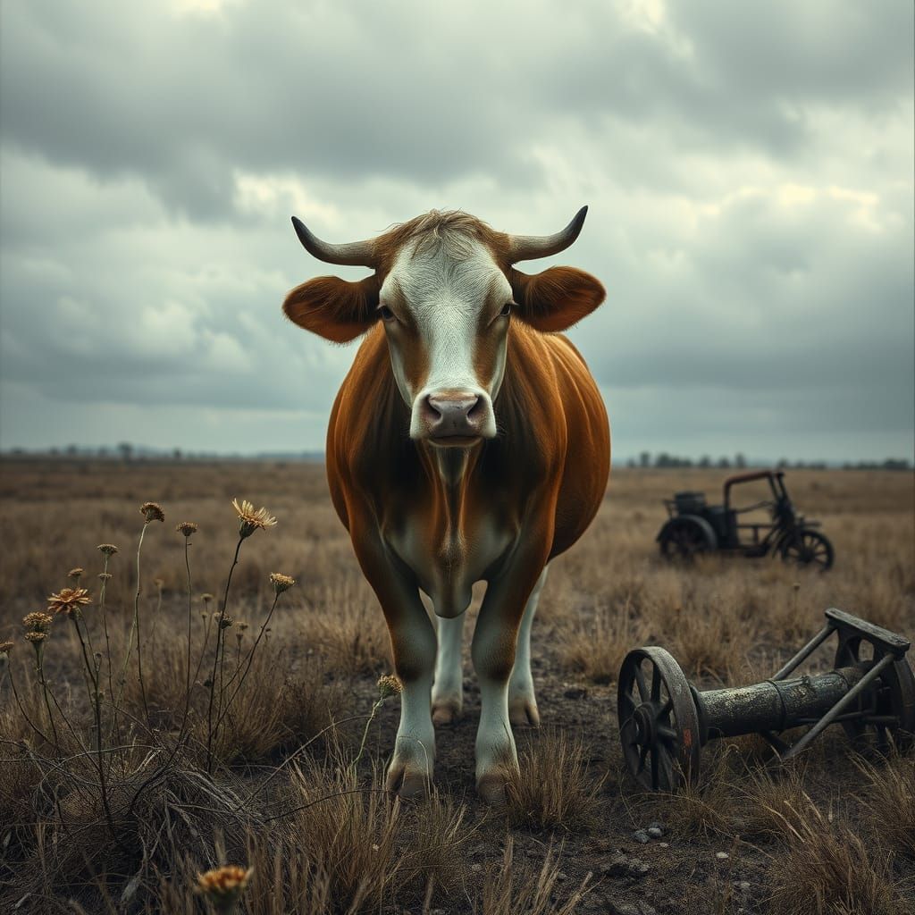 Melancholic Cow in Desolate Landscape