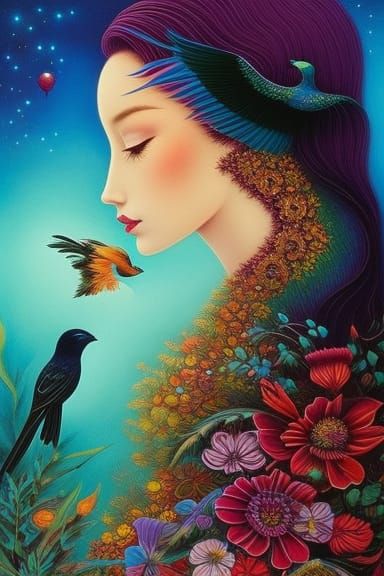 Enchanting Girl with Birds and Flowers in Coloring Book Styl...