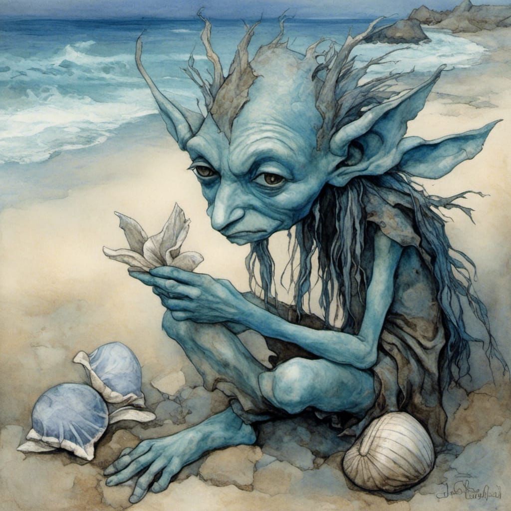 Blue Fae Goblin on Mystical Ocean Shore