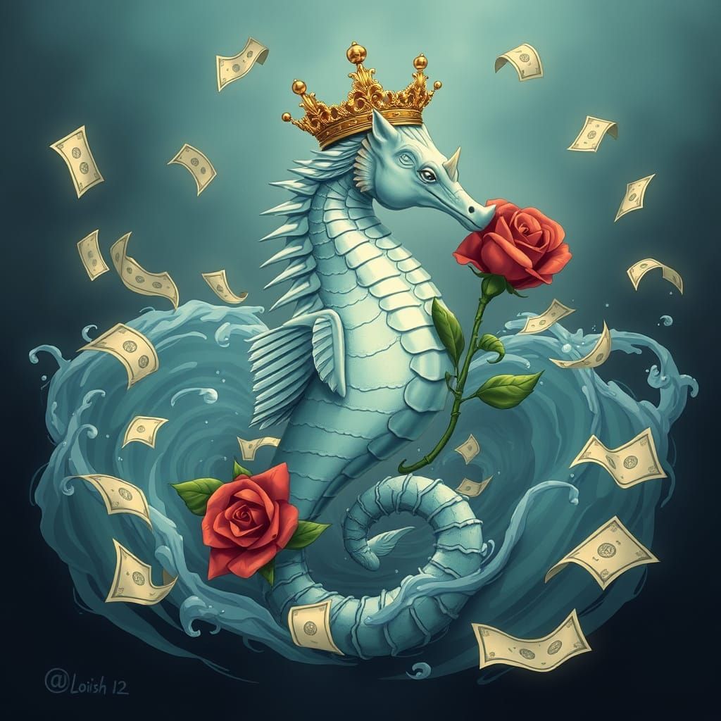 Majestic Seahorse with Rose and Crown