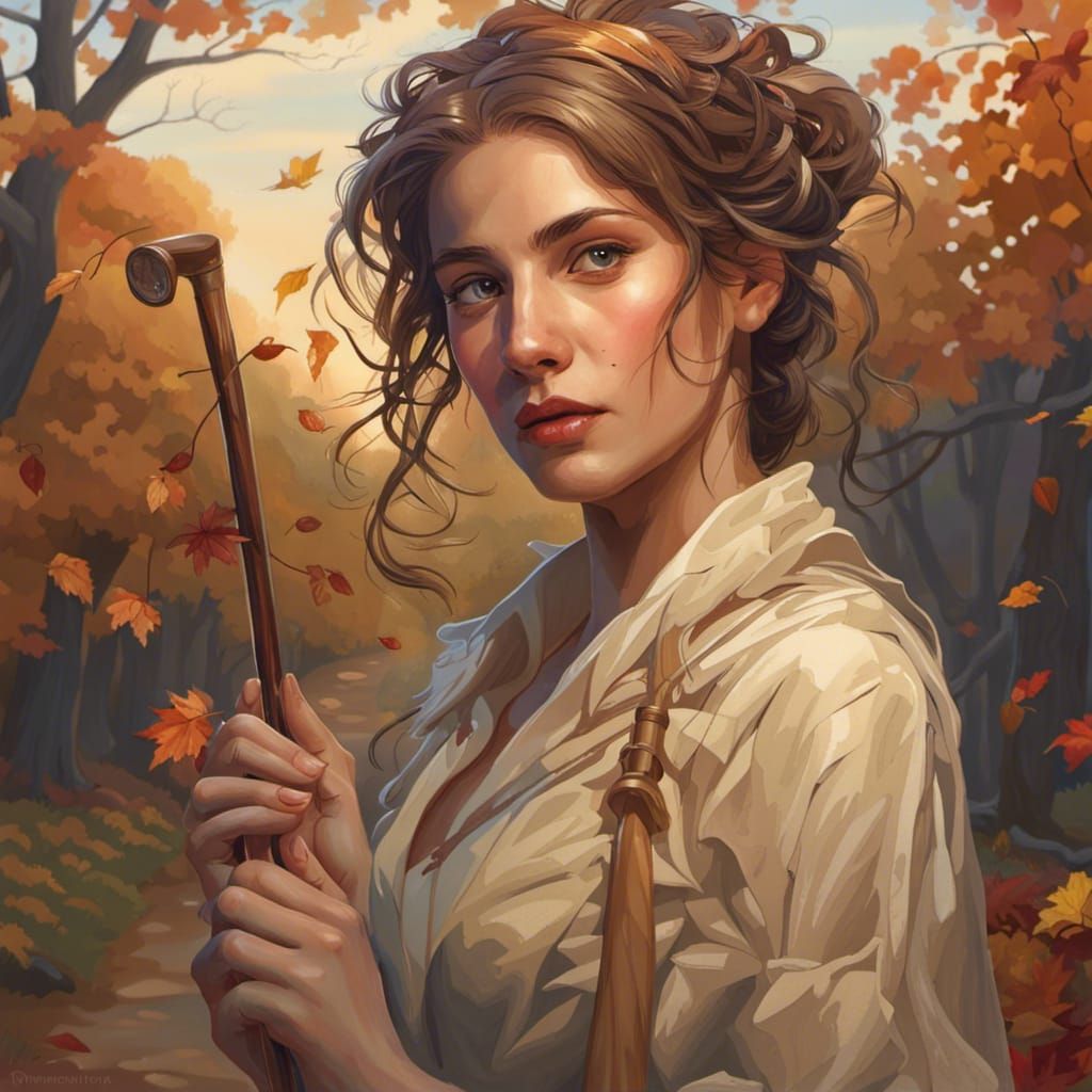 Autumn Portrait of Woman with Cane in Country Lane