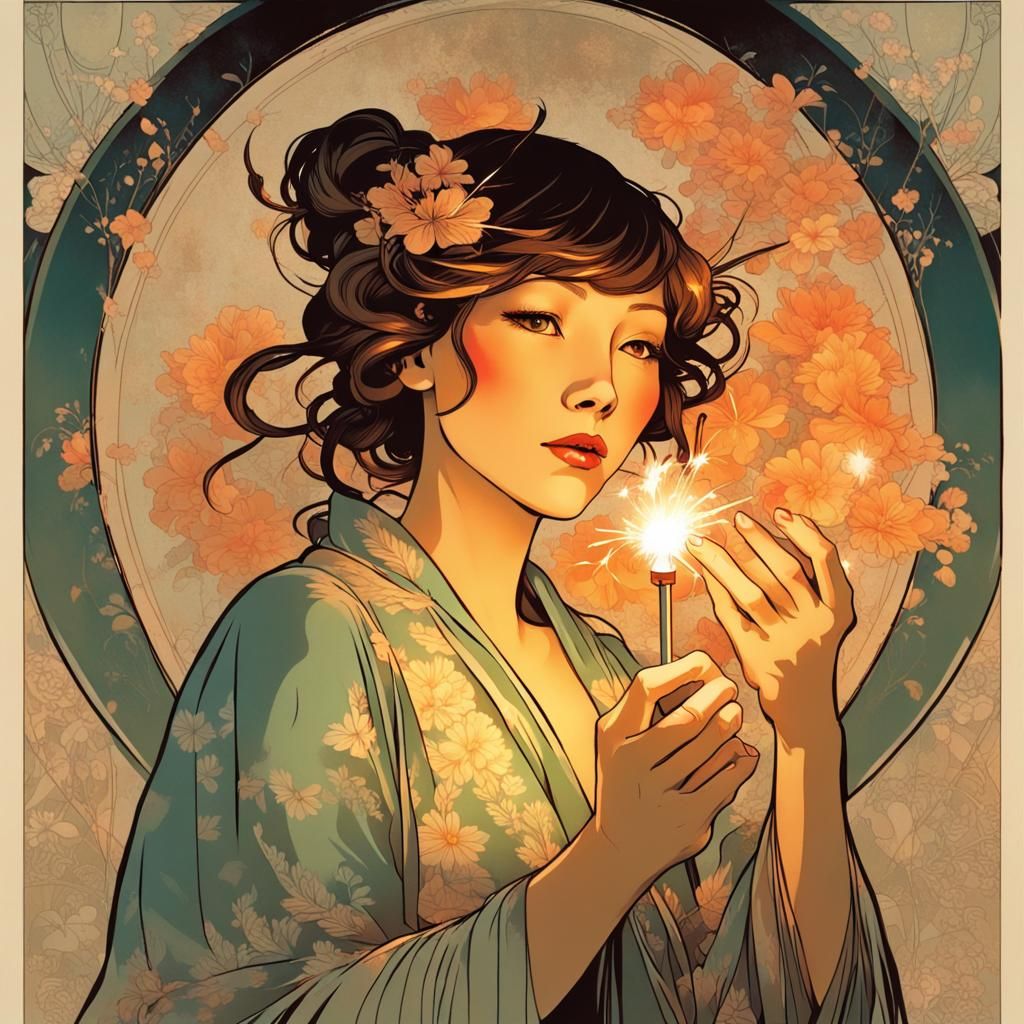 Japanese Woman with Sparkler in Mucha Style