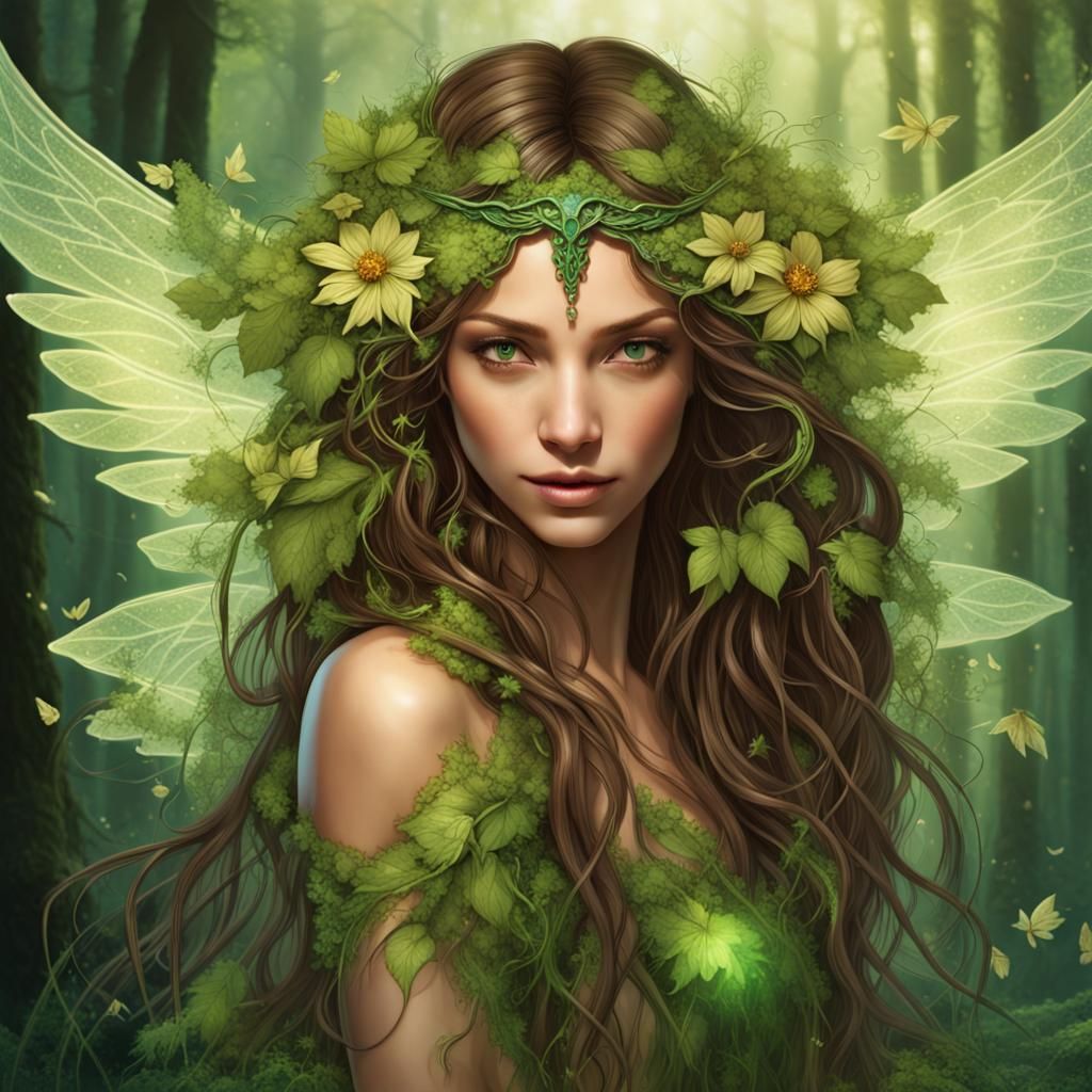 Enchanting Forest Nymph with Glowing Emerald Wings