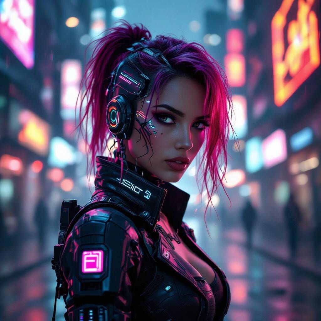 Cyberpunk Woman in Futuristic Cityscape