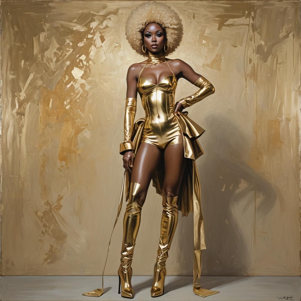 Tall ebony skinny princess, gold bikini, thigh high heels platform boots, blonde afro, full body photo, prety face,latex...