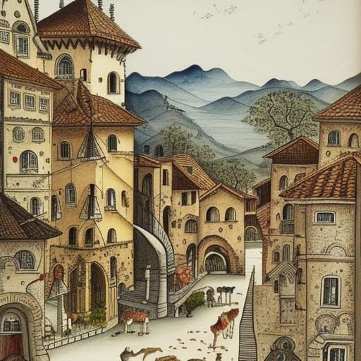 Eternal Twilight Bell Towers in Ink and Watercolour