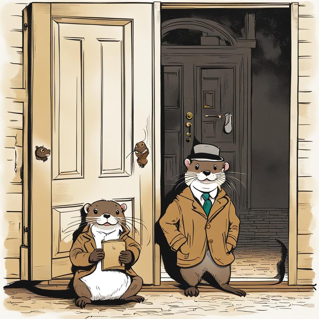 Otter and Mouse Detectives Observe Open Door