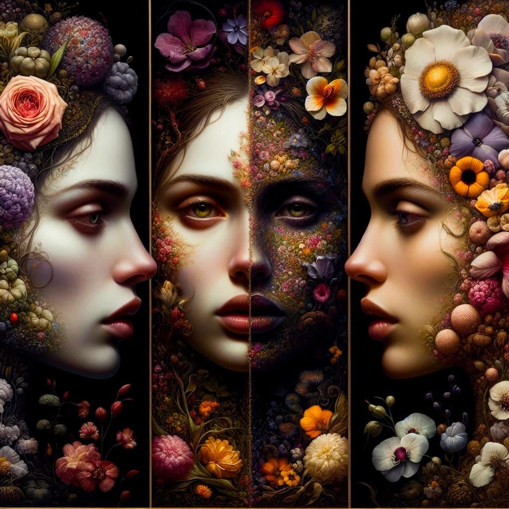 Multicultural Goddesses in a Triptych of Blossoms and Crowns