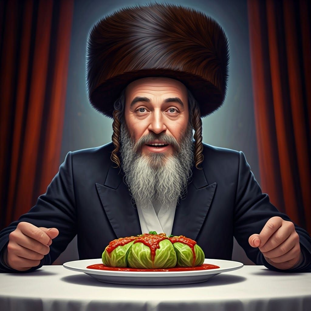 Enthusiastic Hasidic Jew with Stuffed Cabbage, Cinematic Sti...