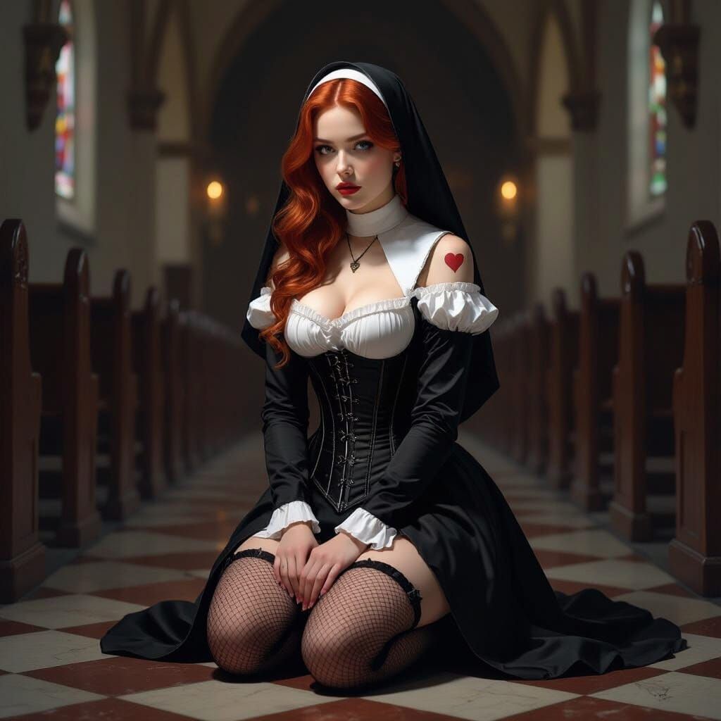 Woman Kneeling in Church with Corset and Tattoo