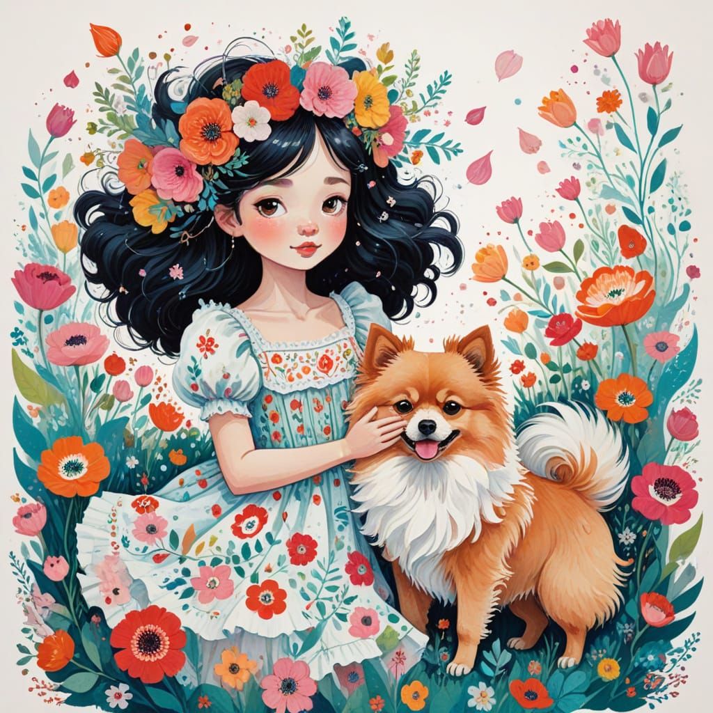Whimsical Girl Embracing Her Pomeranian in a Colorful Wonder...