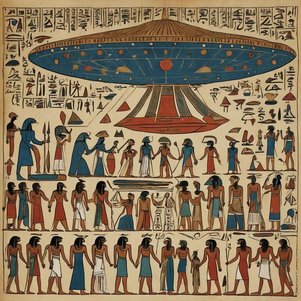 Egyptian Manuscript: People Meet UFO in Abstract Art