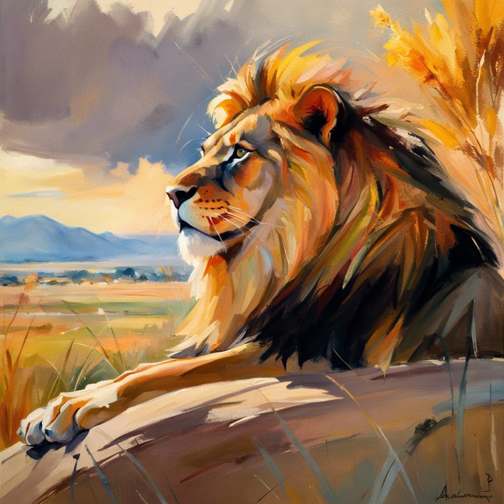 Lion Gazing at Landscape in Romantic Style