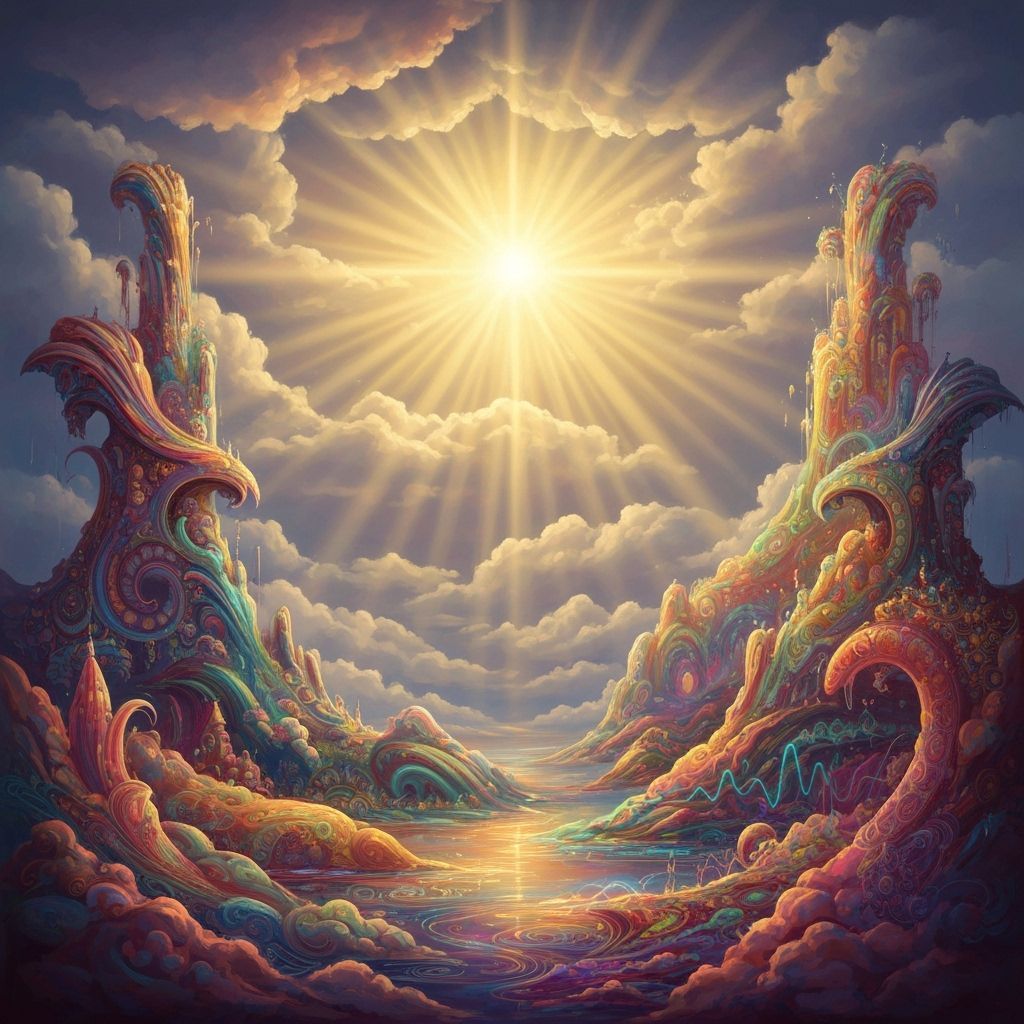 Surreal Psychedelic Landscape with Divine Beams