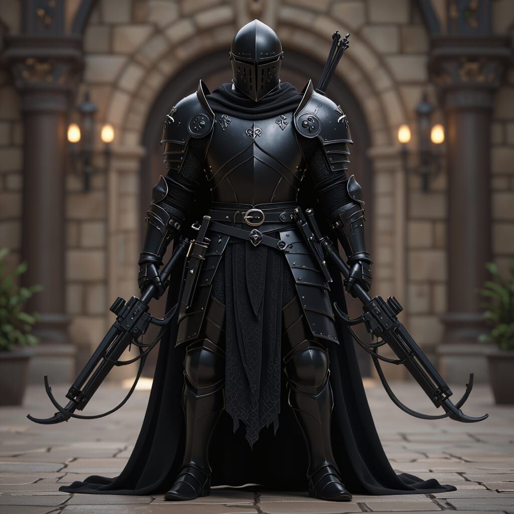 Knight in Black Armor with Forearm Crossbows