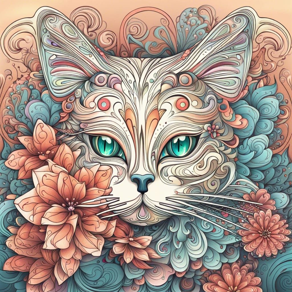 Abstract Cat with Flowers Digital Illustration