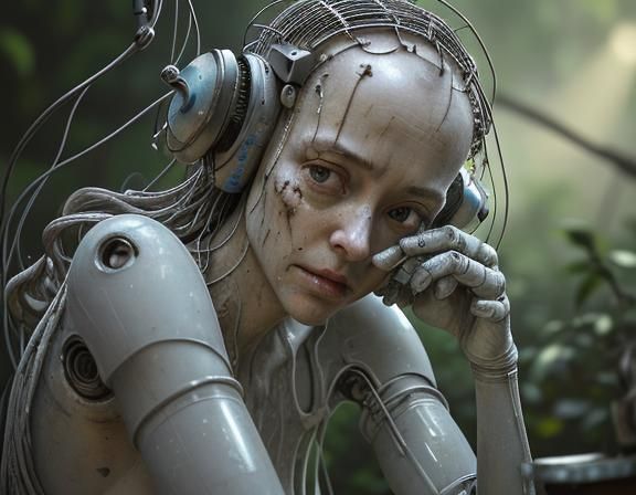 stressed dirty bald robot droid, in a state of decay