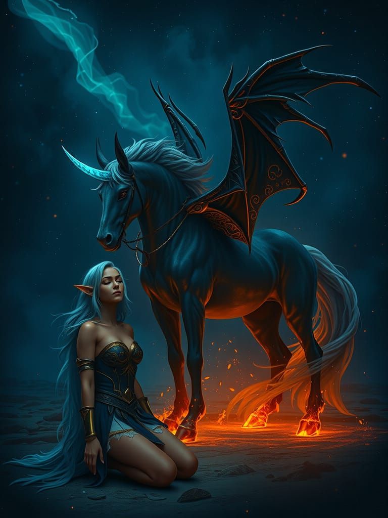 Elven Sorceress with Demonic Steed on Scorched Earth