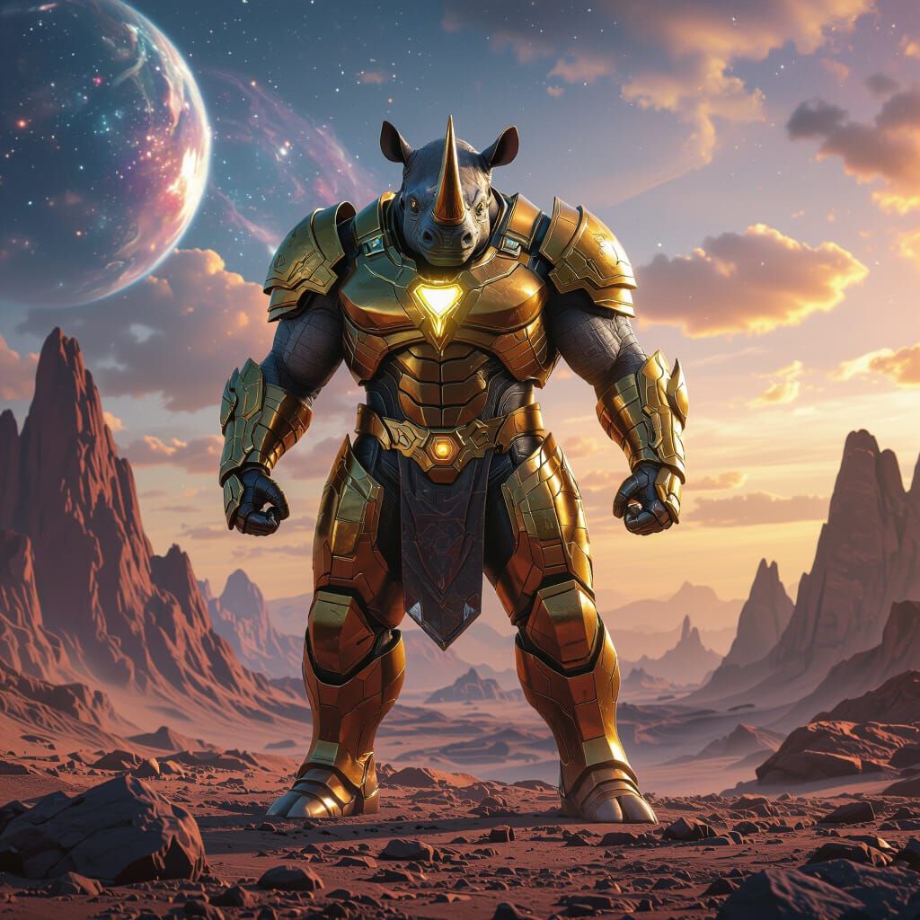 Mighty Rhinoceros Superhero in Bronze Armor