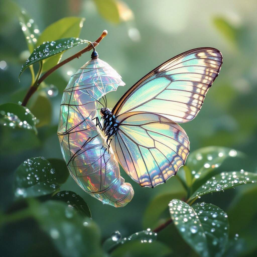 Iridescent Butterfly Emerges From Crystalline Chrysalis