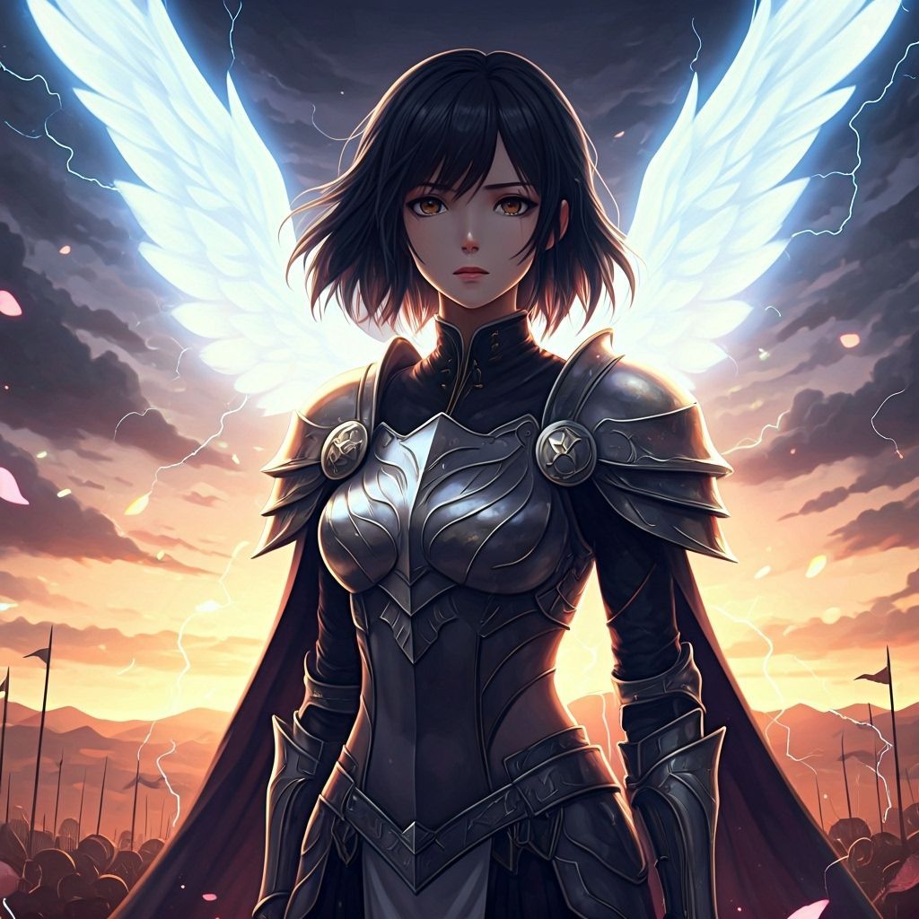 Fierce Anime Valkyrie on Battlefield with Glowing Sword