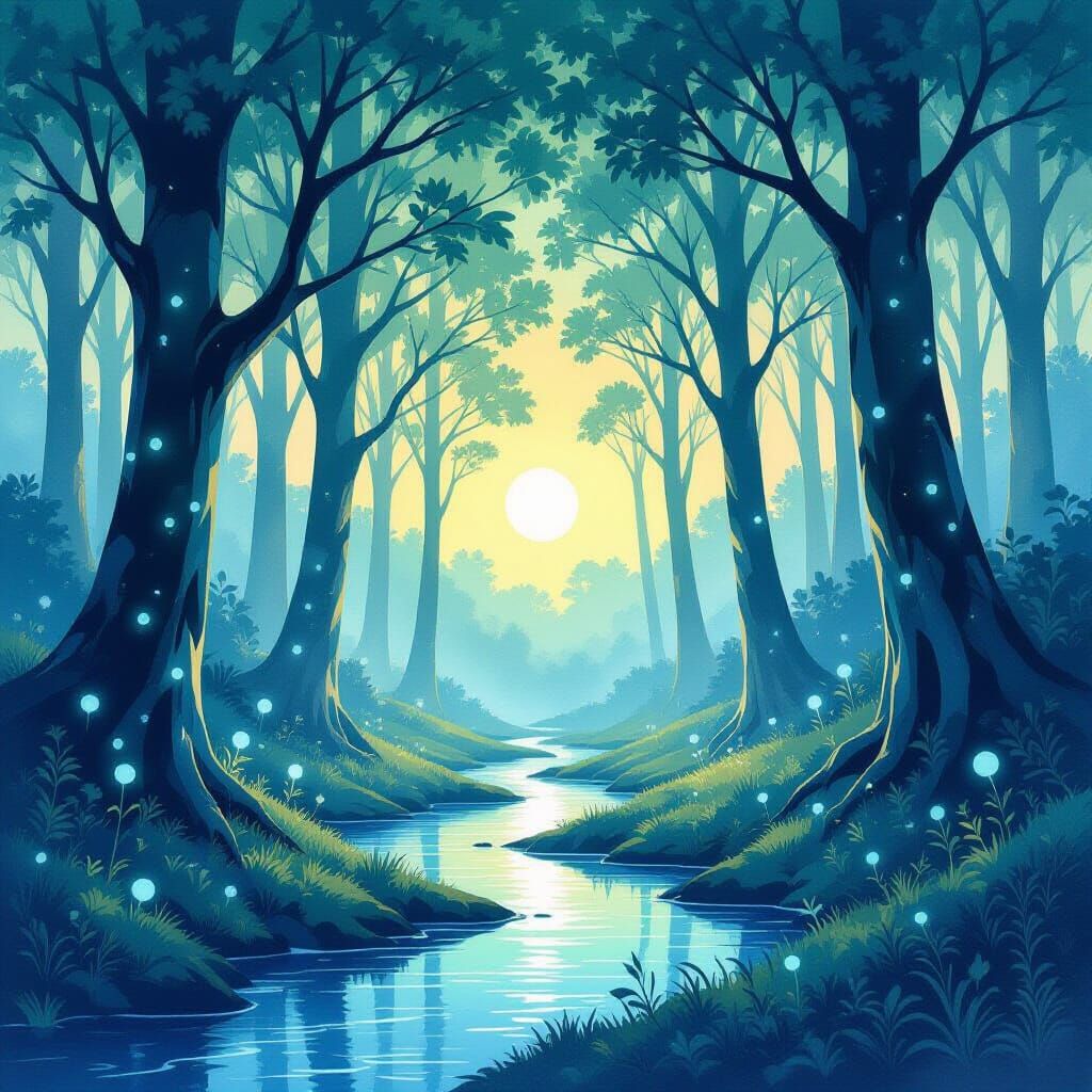 Otherworldly Forest with Light Leaves Under Binary Sunset