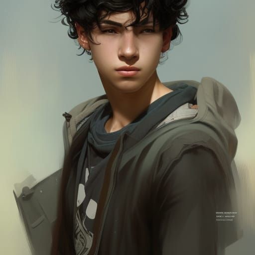 Detailed Portrait of Curly-Haired Teen in Art Nouveau Style