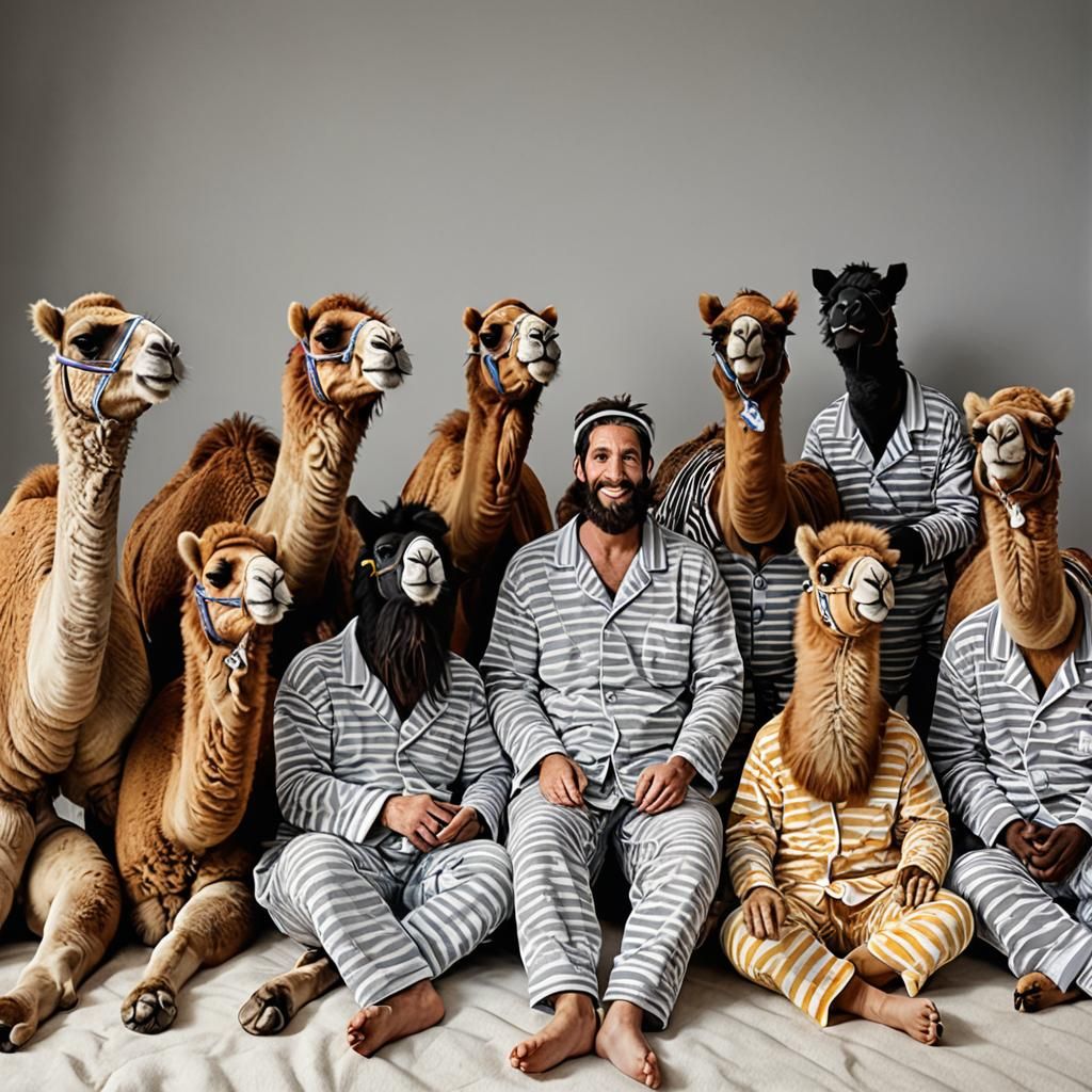 Zeno the Weird Guy with his Bactrian camel and Llama friends celebrating a hilarious Pyjama Party.