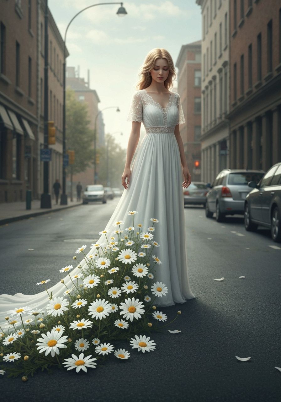 Luminous Woman in Daisy Cascade, Cinematic Realism