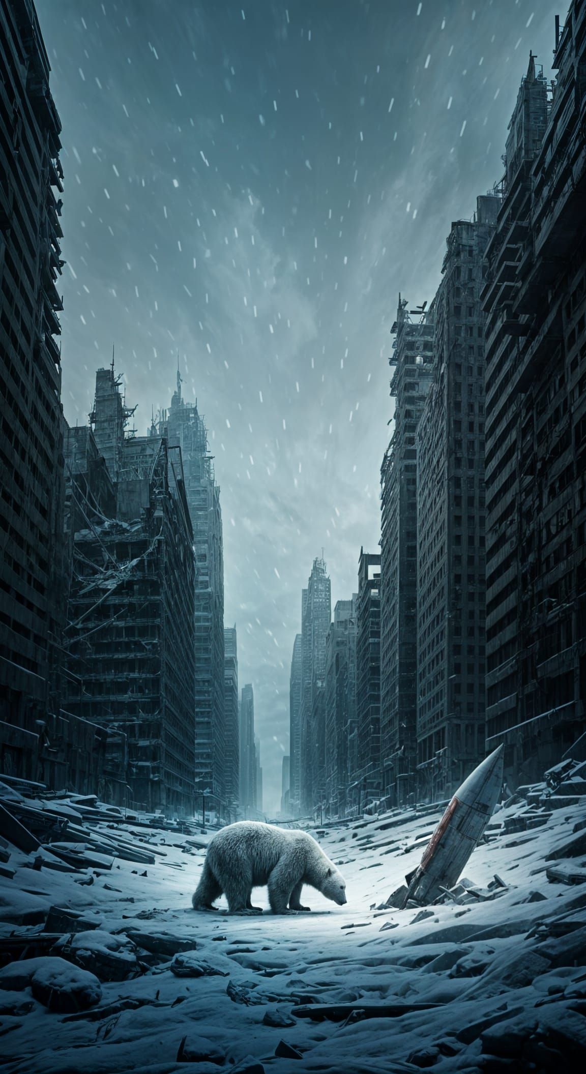 Polar Bear Solitude in Ruined Cityscape, Dark Art Style