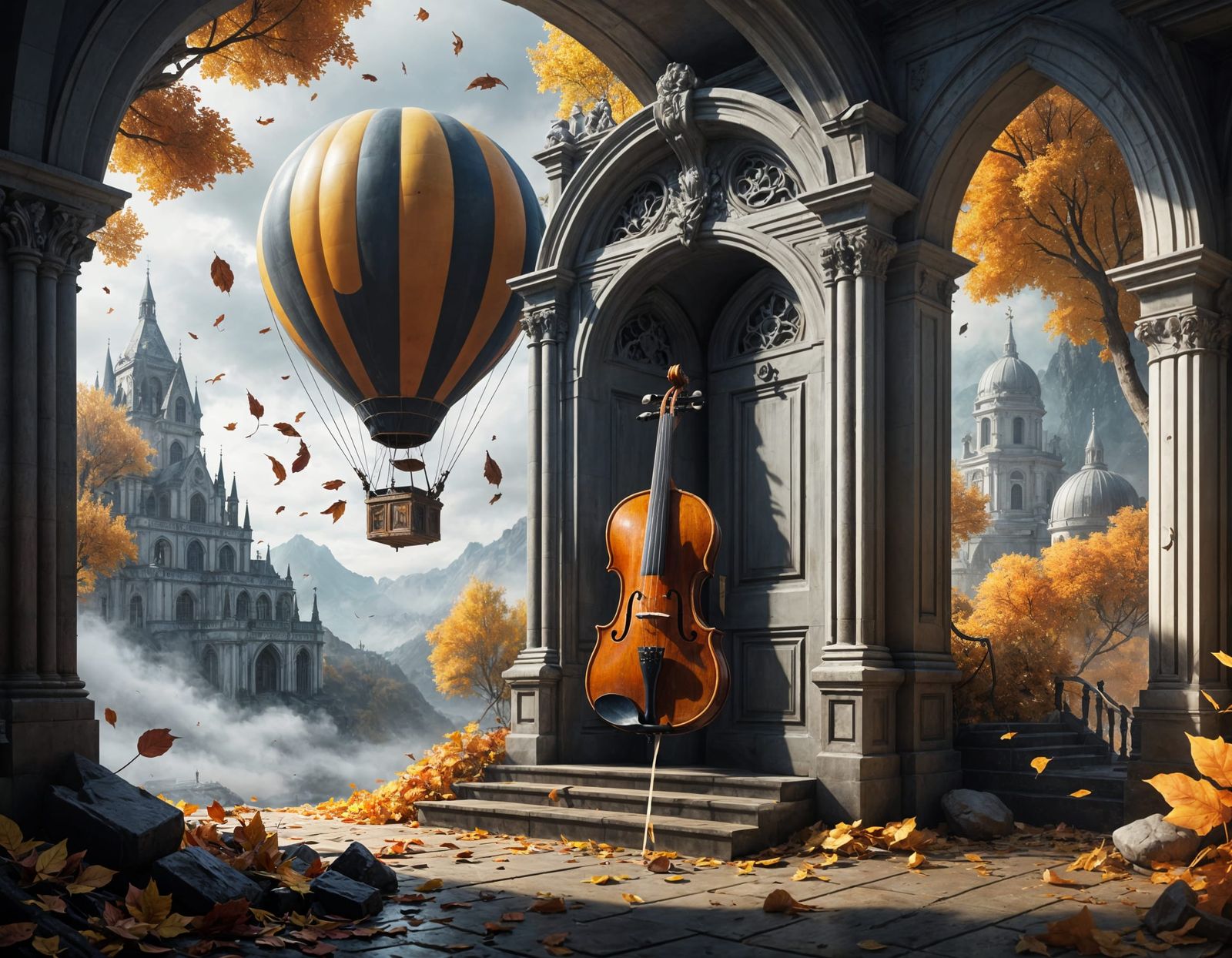 Surreal Autumn Dreamscape with Violin and Flying Doors