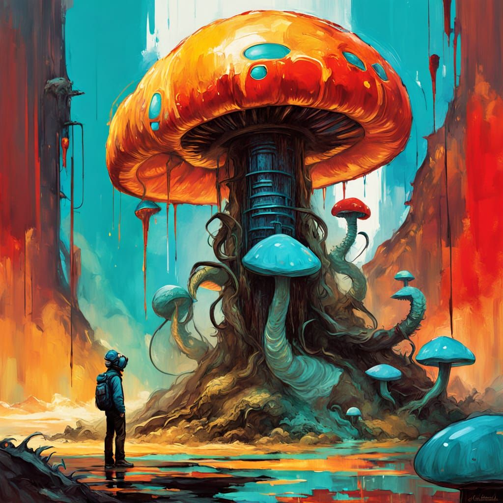 Sci-Fi Caterpillar on Mushroom in Impressionist Style