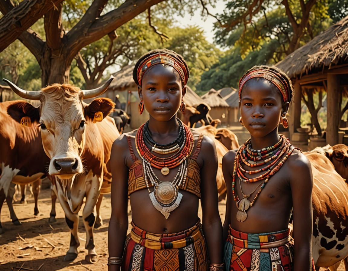 African Girls with Cows in Ethnic Folk Art Style