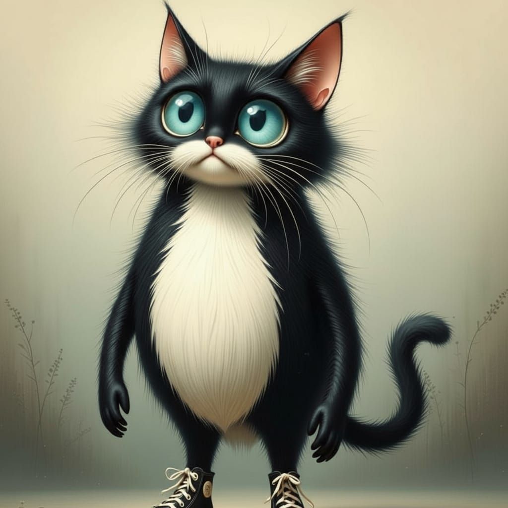 Worried Cat in Tender Burlesque Caricature Style