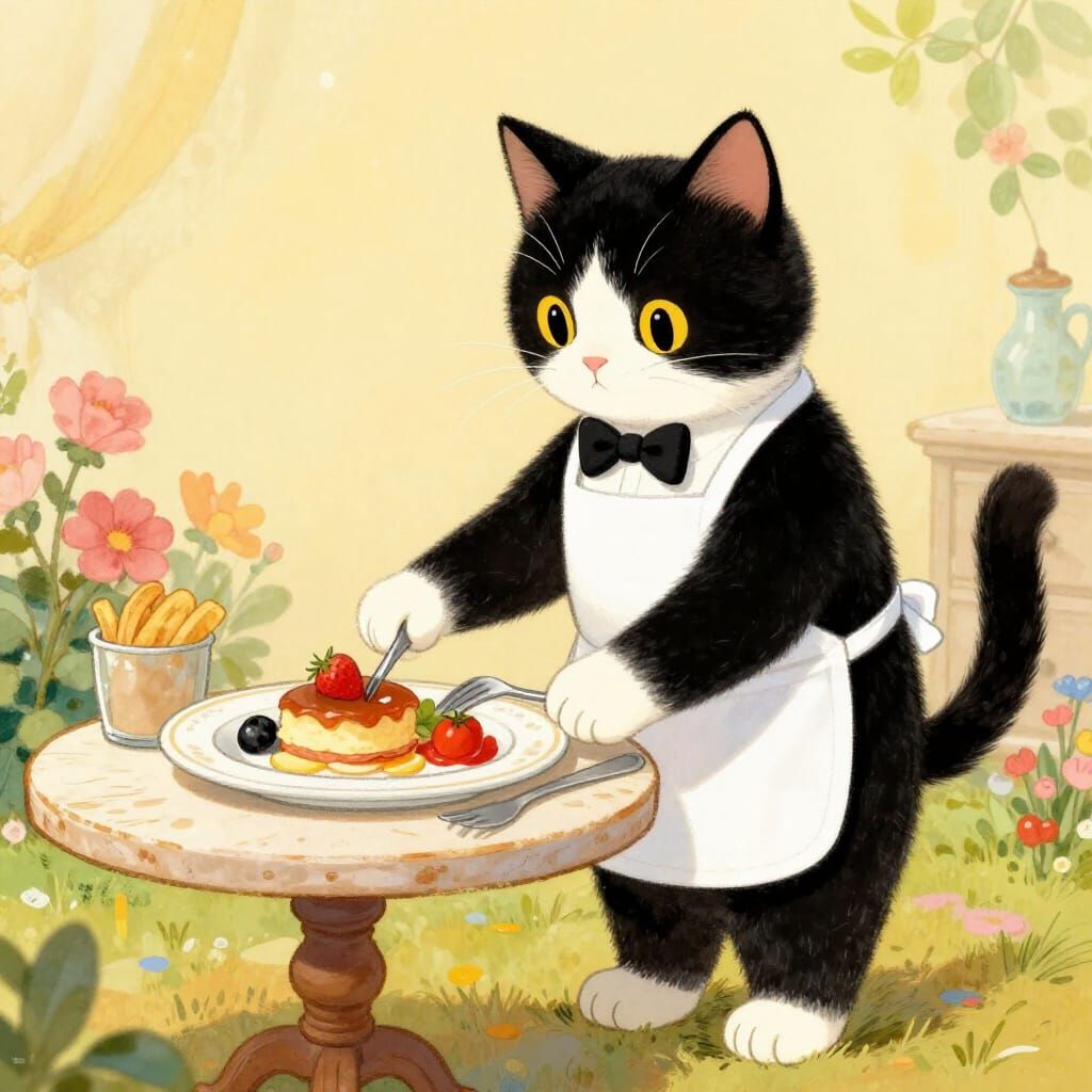 Tuxedo Cat Serves Gourmet Meal in Storybook Style