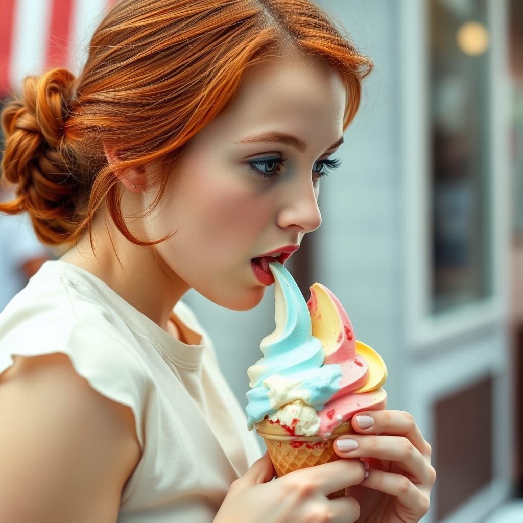 Young Redhead Licking Multicolored Ice Cream