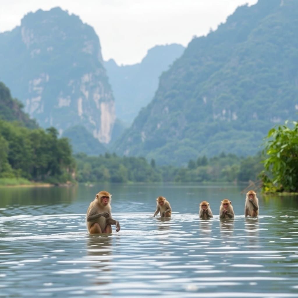 Monkeys Relaxing by a Jungle Lake
