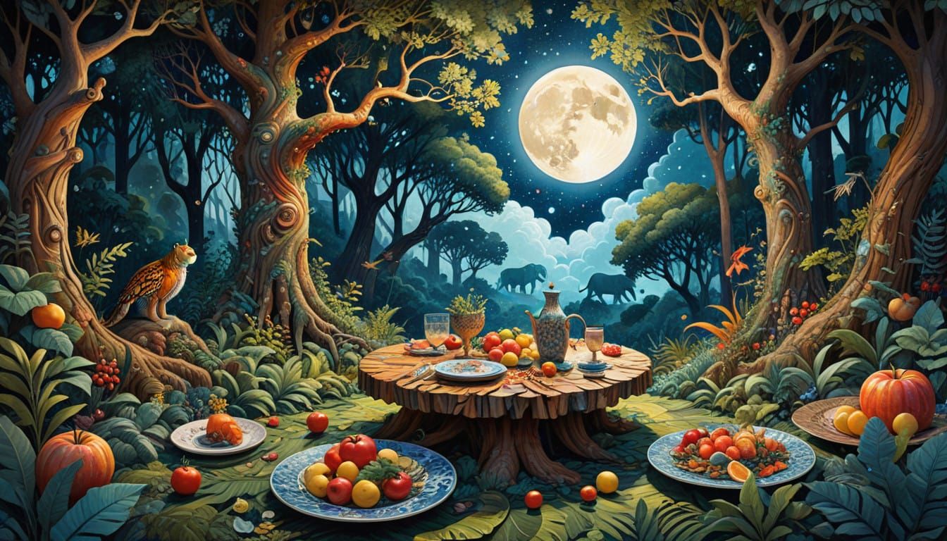 Surreal Watercolor Cartoon Scene of Fantastical Forest Feast