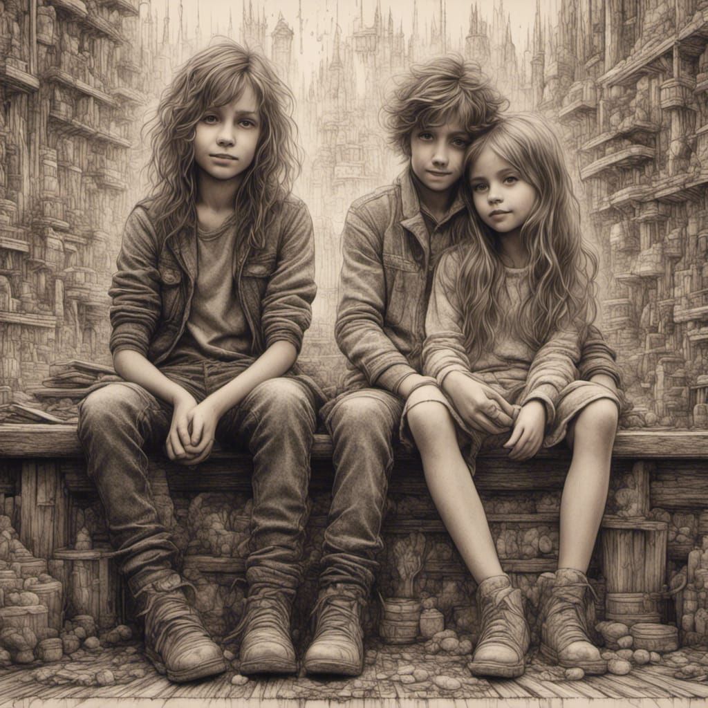 Hyperreal Ink Drawing: Children on a Pencil Bench