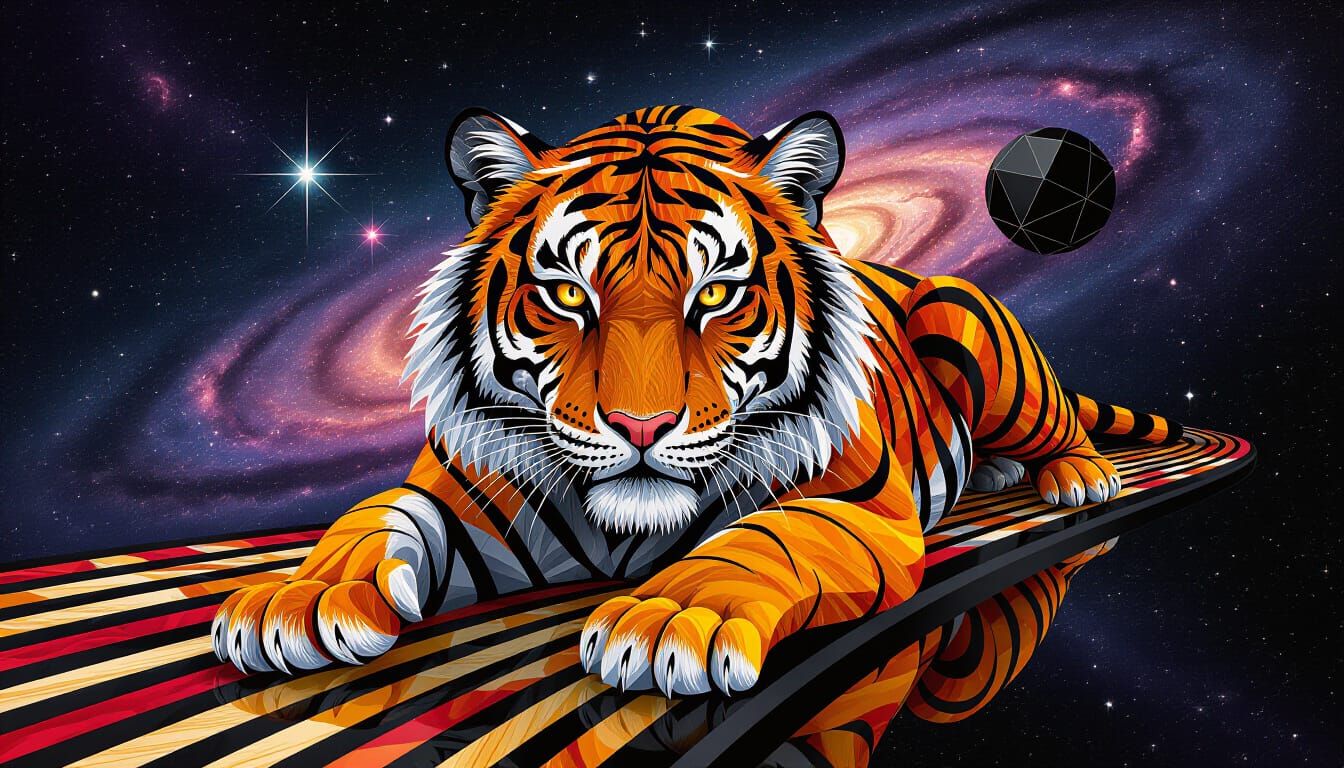 Cosmic Tiger Wood Inlay in Hyperrealistic Style