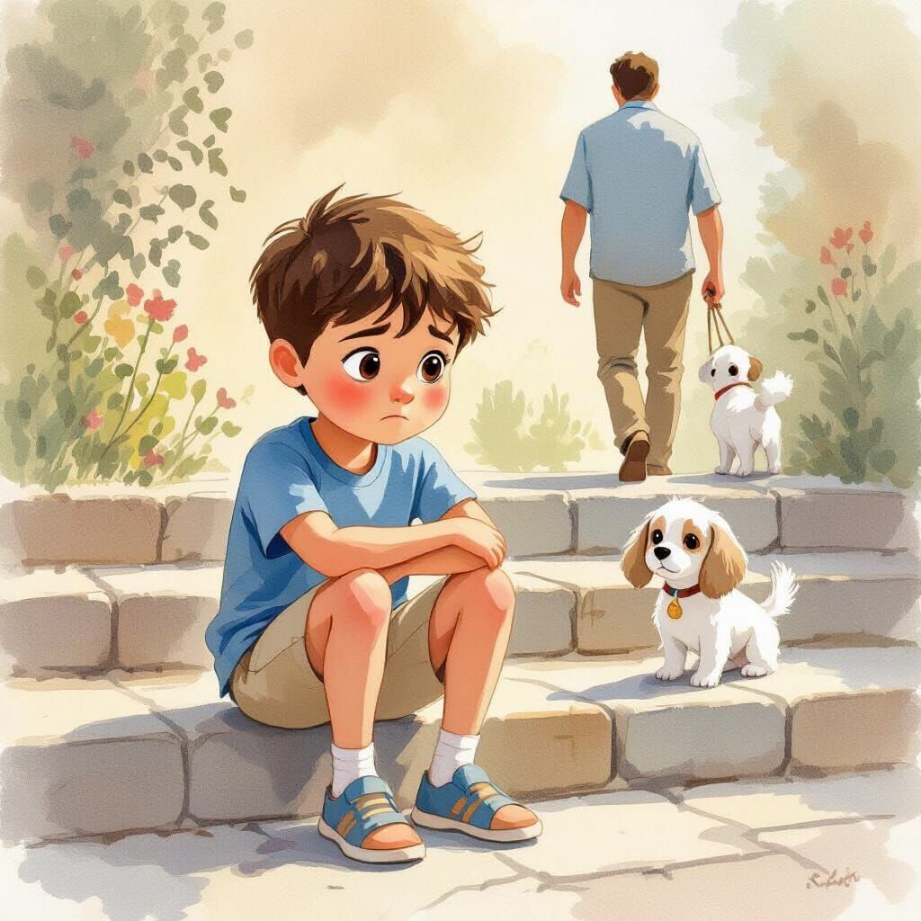 Sad Boy and Dog in Watercolor Children's Book Style
