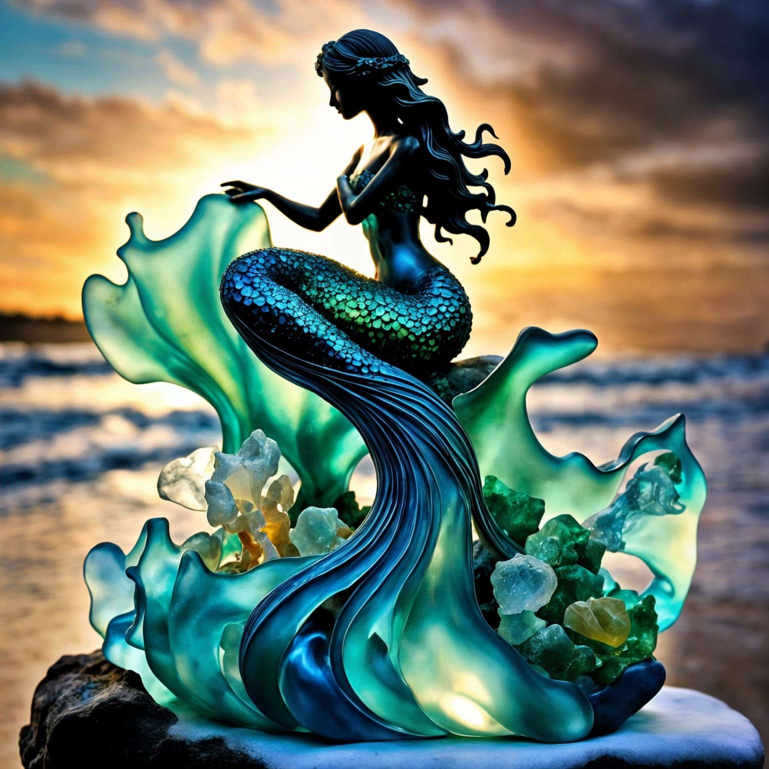 Ethereal Sea Glass Mermaid Sculpture with Sparkling Details