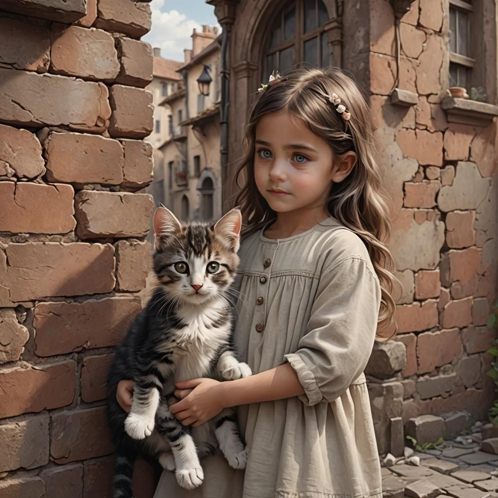 Cute Kitten and Girl in Matte Painting Style