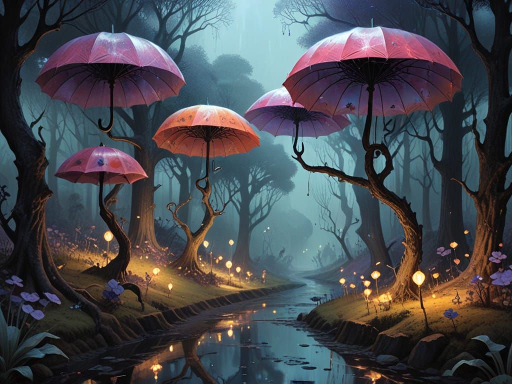 Beneath Glowing Umbrella Trees in a Valley of Luminous Gems