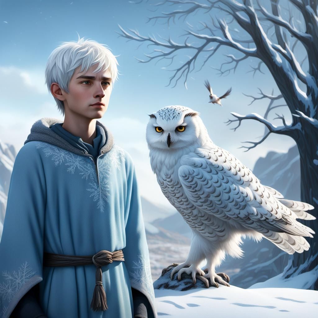 Teenage Boy in Snowy Landscape with Owl