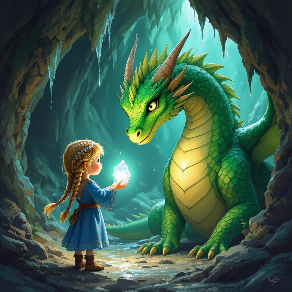 Girl Offers Crystal to Gentle Dragon in Mystical Cave